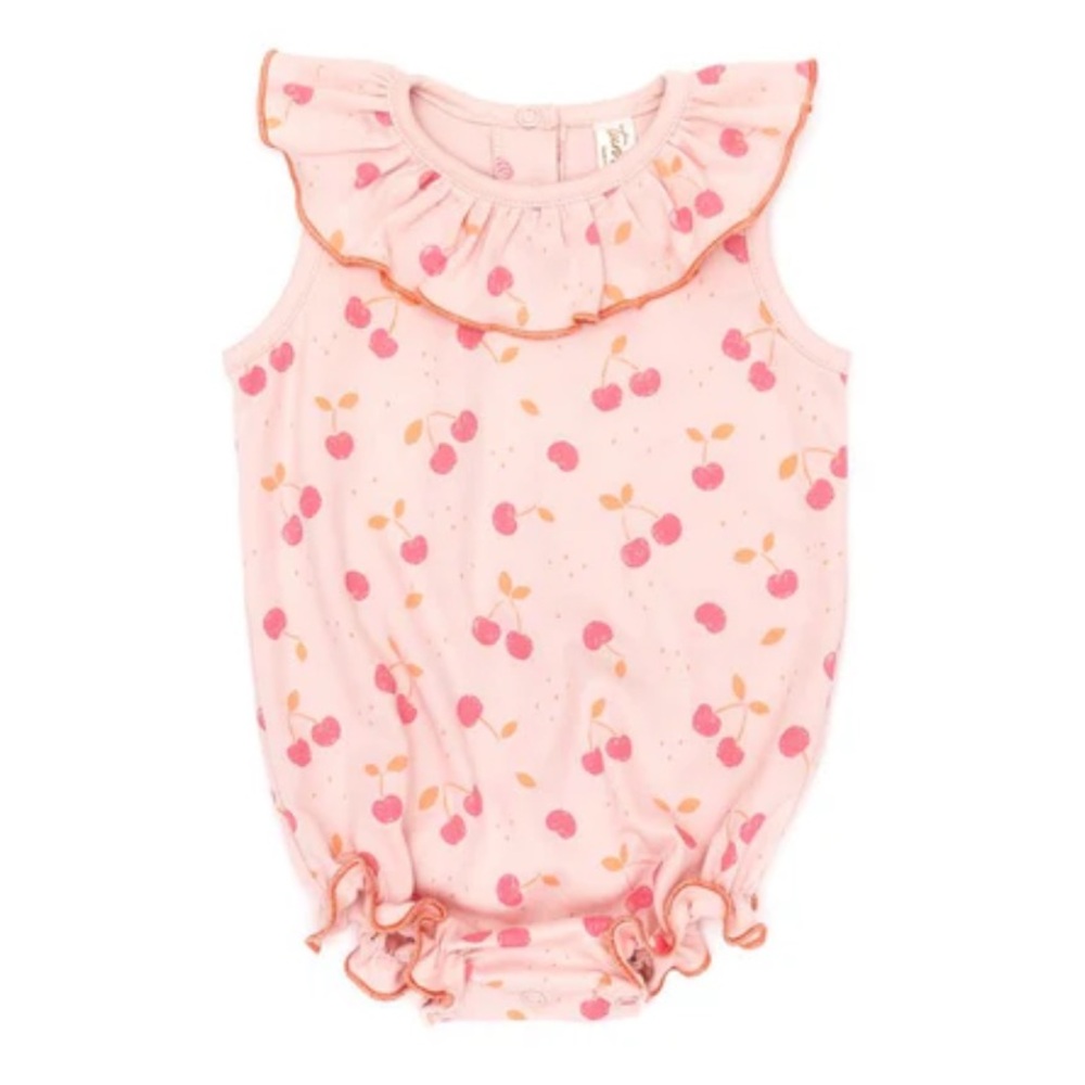 TUN TUN Ruffle Onesie Pink Cherries Size 3-6 months Pima Cotton Cherry Print